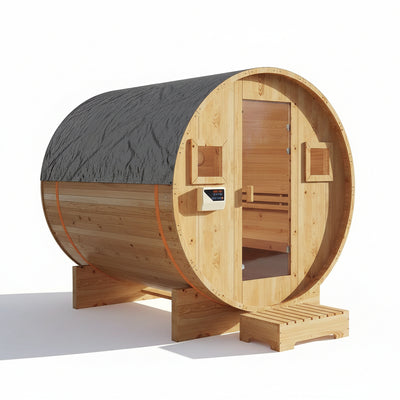Outdoor Traditional Barrel Sauna Built for 4-6 People, 6KW Electric Heater, Solid Wood Construction, 220V