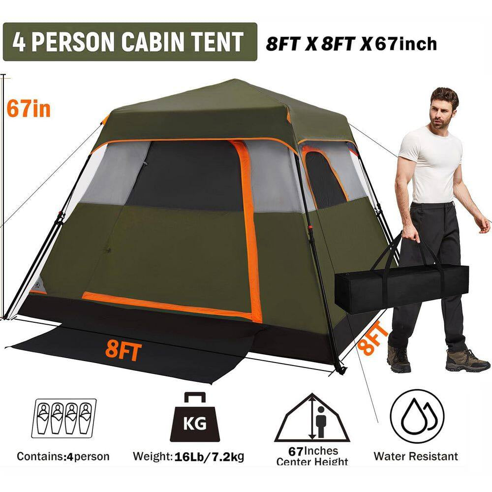 Camping Tent 8 Ft. X 8 Ft. Army Green Camping Tent Fast Cabin Tent with Instant Setup Tent