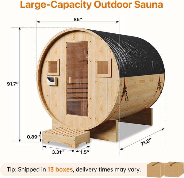 Outdoor Traditional Barrel Sauna Built for 4-6 People, 6KW Electric Heater, Solid Wood Construction, 220V