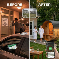 Backyard Discovery Paxton 4-6 Person Traditional Cedar Outdoor Barrel Sauna with Electric Sauna Heater, Front Porch, Sauna Rocks, Dry Heat, Steam Sauna, LED Lights, Wi-Fi Panel, Sauna Accessories — Before & After