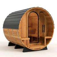 Backyard Discovery Paxton 4-6 Person Traditional Cedar Outdoor Barrel Sauna with Electric Sauna Heater, Front Porch, Sauna Rocks, Dry Heat, Steam Sauna, LED Lights, Wi-Fi Panel, Sauna Accessories — Studio Shot