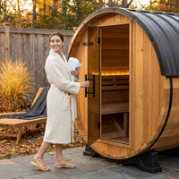 Backyard Discovery Paxton 4-6 Person Traditional Cedar Outdoor Barrel Sauna with Electric Sauna Heater, Front Porch, Sauna Rocks, Dry Heat, Steam Sauna, LED Lights, Wi-Fi Panel, Sauna Accessories — Lifestyle