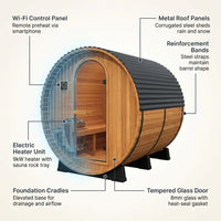 Backyard Discovery Paxton 4-6 Person Traditional Cedar Outdoor Barrel Sauna with Electric Sauna Heater, Front Porch, Sauna Rocks, Dry Heat, Steam Sauna, LED Lights, Wi-Fi Panel, Sauna Accessories — How It Works