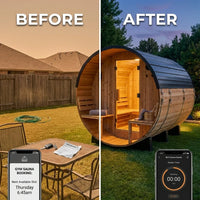 Outdoor Barrel Sauna Built for 4-6 Person Sessions, Cedar Construction, 9kW Electric Heater, Wi-Fi Control — Before & After
