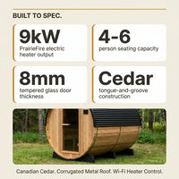 Outdoor Barrel Sauna Built for 4-6 Person Sessions, Cedar Construction, 9kW Electric Heater, Wi-Fi Control — Results & Stats