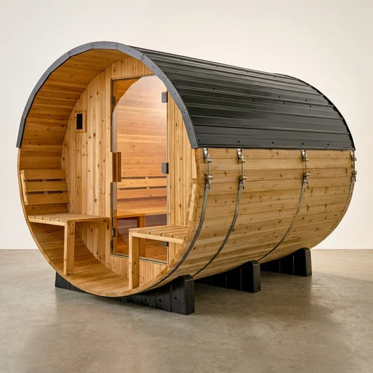 Outdoor Barrel Sauna Built for 4-6 Person Sessions, Cedar Construction, 9kW Electric Heater, Wi-Fi Control — Studio Shot