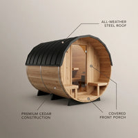 Outdoor Barrel Sauna Built for 4-6 Person Sessions, Cedar Construction, 9kW Electric Heater, Wi-Fi Control — infographic