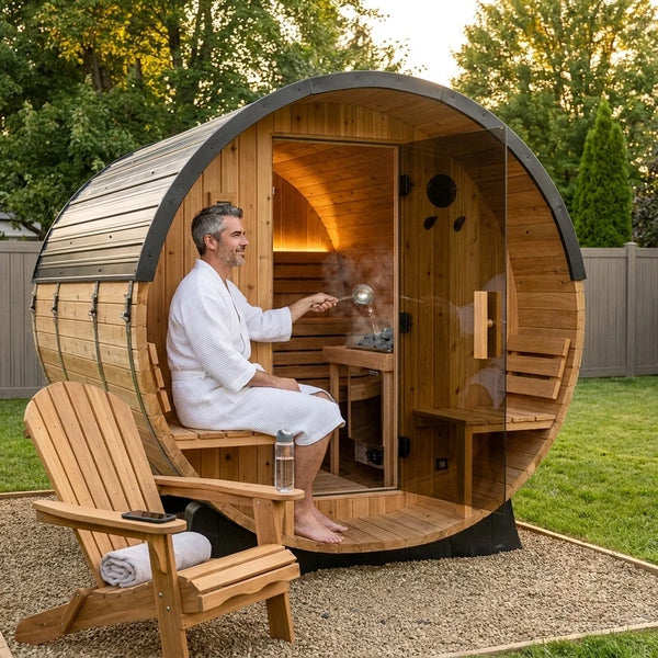 Outdoor Barrel Sauna Built for Family Sessions, Cedar Construction, 9kW Electric Heater, Wi-Fi Control