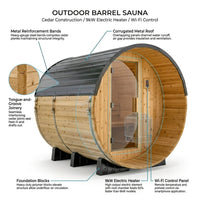 Outdoor Barrel Sauna Built for 4-6 Person Sessions, Cedar Construction, 9kW Electric Heater, Wi-Fi Control — How It Works
